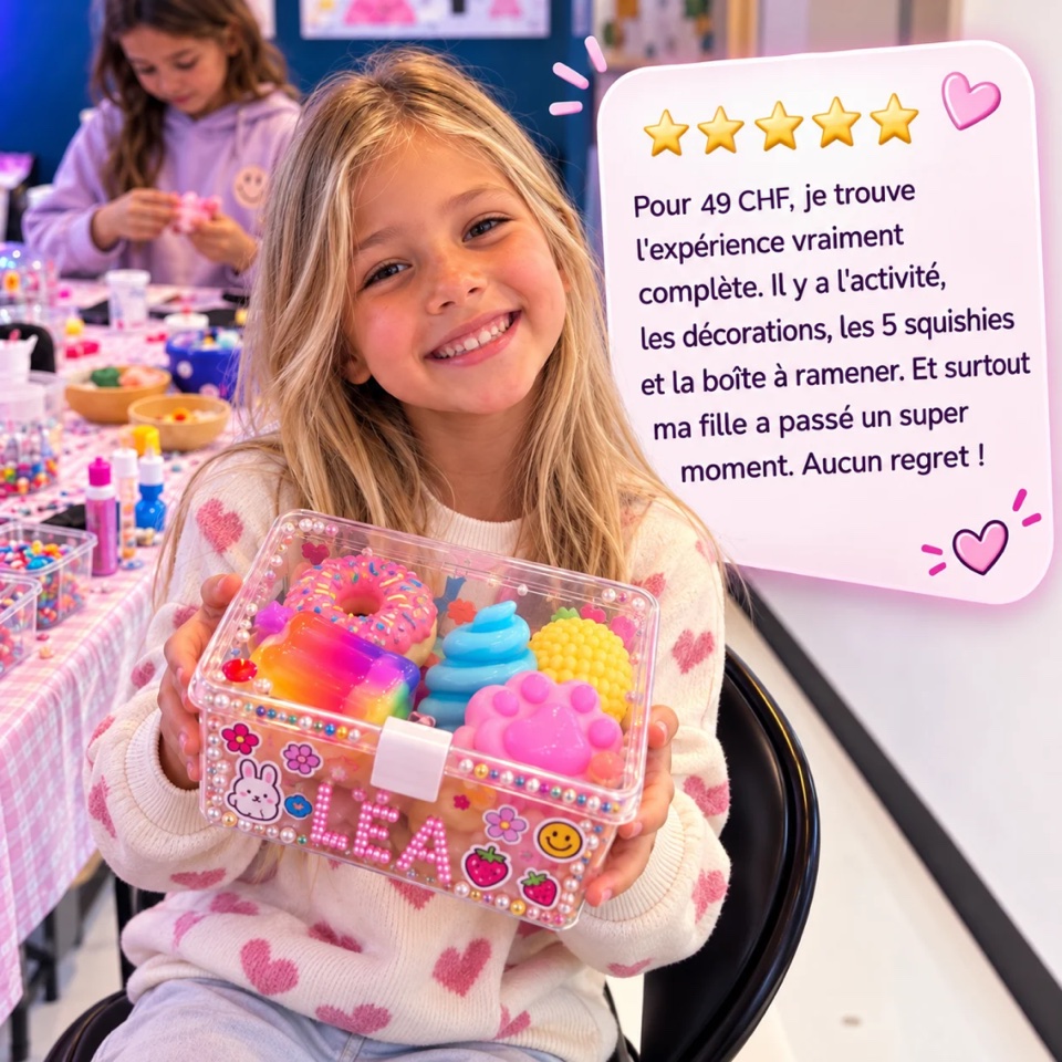 Une fillette montre fièrement sa boîte de squishies personnalisée à l'Atelier Squishy Bar Genève